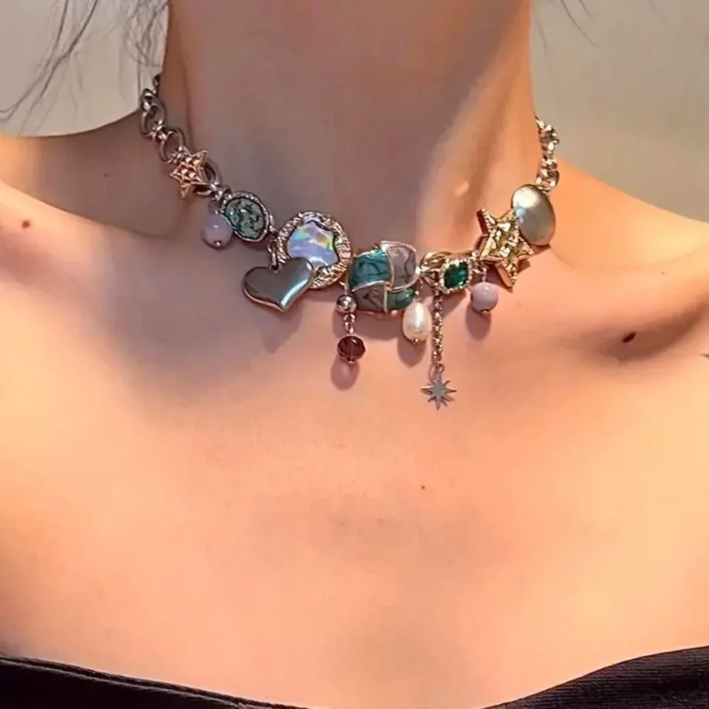 Boho Grunge Star & Faux Pearl Pendant Chunky Choker Necklace - Picture 3 of 3